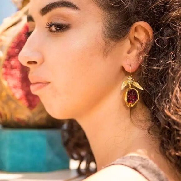 Jeweled Pomegranate Gold Dipped Dangle Unique Earrings Boho Bohemian Style NEW - Picture 2 of 4